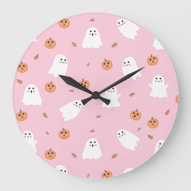 Cute Ghost & Pumpkin Pink Halloween Pattern Large Clock (Front)