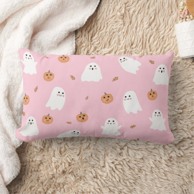 Cute Ghost & Pumpkin Pink Halloween Pattern Lumbar Cushion (Blanket)