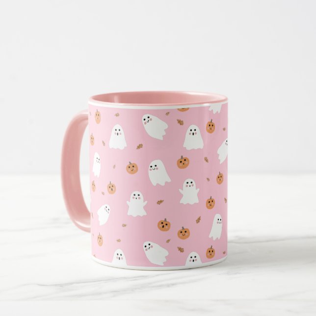 Cute Ghost & Pumpkin Pink Halloween Pattern Mug (Front Left)