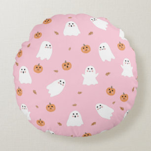 Cute Ghost & Pumpkin Pink Halloween Pattern Round Cushion