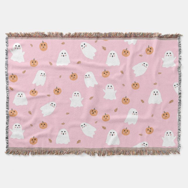 Cute Ghost & Pumpkin Pink Halloween Pattern Throw Blanket (Front)