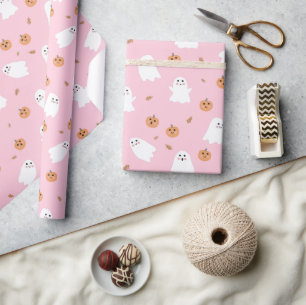 Cute Ghost & Pumpkin Pink Halloween Pattern Wrapping Paper