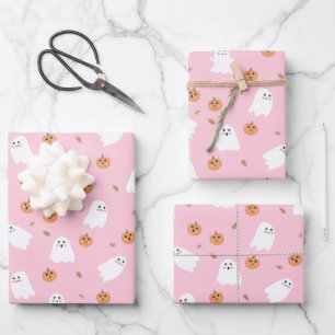 Cute Ghost & Pumpkin Pink Halloween Pattern Wrapping Paper Sheet