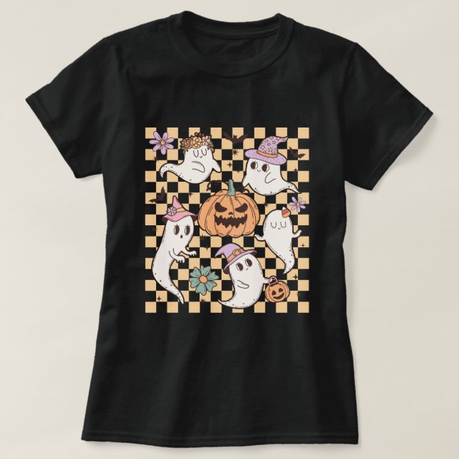 Cute Ghost Pumpkin Retro Halloween T-Shirt (Design Front)
