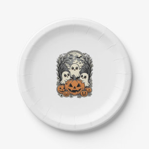 Cute Ghost Pumpkin Shirt Vintage Engraving Hallowe Paper Plate