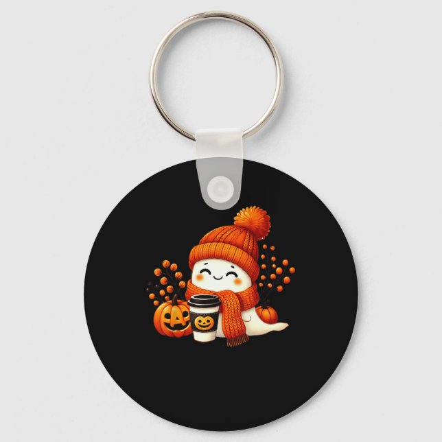 Cute Ghost Pumpkin Spice Cup Halloween Fall Drink  Key Ring (Front)