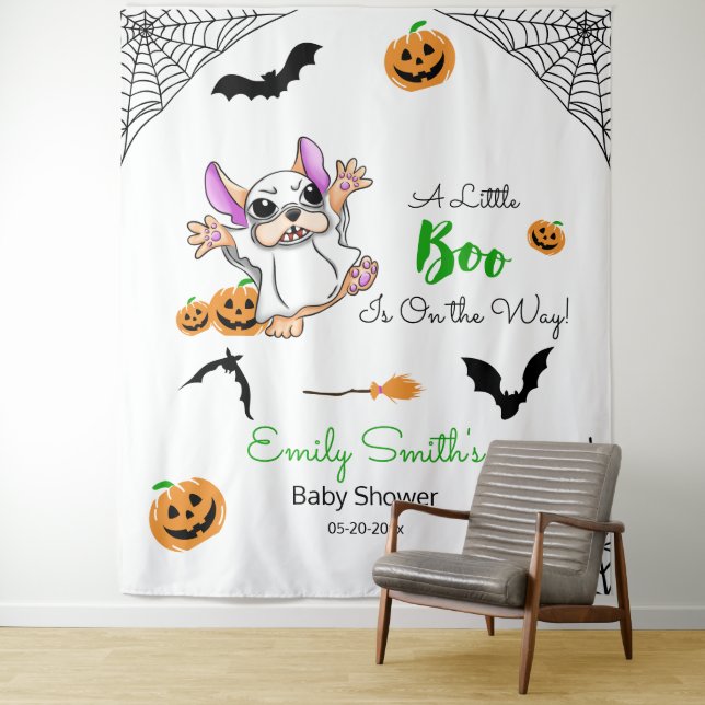 Cute ghost Pumpkins Halloween Baby Shower Backdrop Tapestry (In Situ)