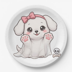 Cute Ghost Puppy Pink Bow Halloween Dog Sticker Paper Plate