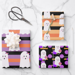 Cute Ghost Purple Orange Ghoul Halloween Wrapping Paper Sheet
