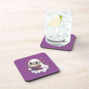 Cute Ghost Reading a Book Coaster Set