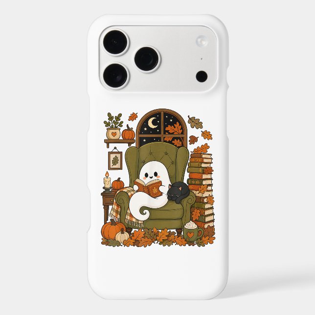 Cute Ghost Reading Book Black Cat Fall Pumpkin (Back)