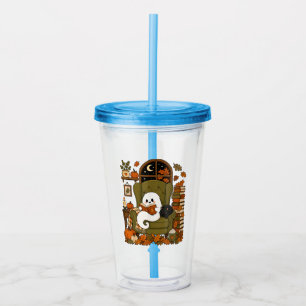 Cute Ghost Reading Book Black Cat Fall Pumpkin Acrylic Tumbler