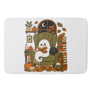 Cute Ghost Reading Book Black Cat Fall Pumpkin Bath Mat
