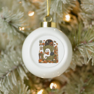 Cute Ghost Reading Book Black Cat Fall Pumpkin Ceramic Ball Christmas Ornament