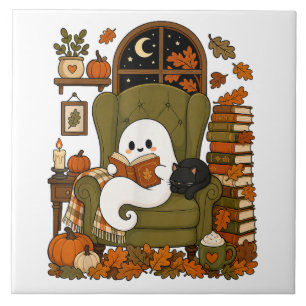 Cute Ghost Reading Book Black Cat Fall Pumpkin Ceramic Tile