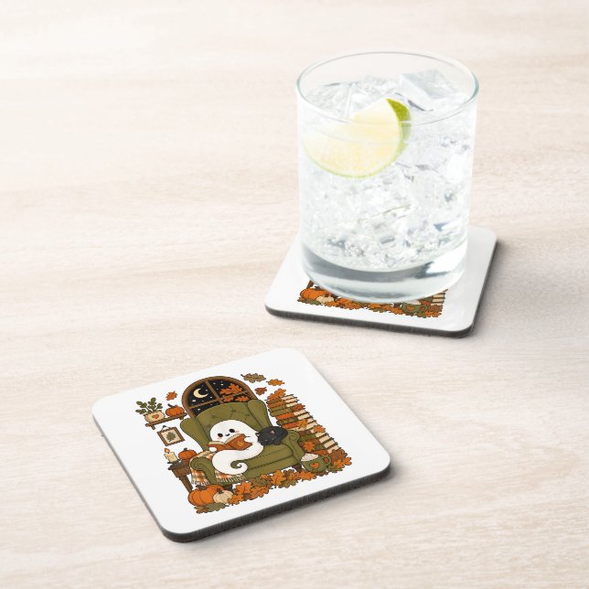 Cute Ghost Reading Book Black Cat Fall Pumpkin Coaster (Right Side)