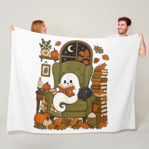 Cute Ghost Reading Book Black Cat Fall Pumpkin Fleece Blanket
