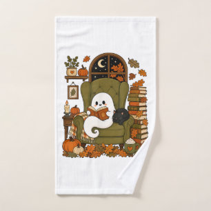 Cute Ghost Reading Book Black Cat Fall Pumpkin Hand Towel