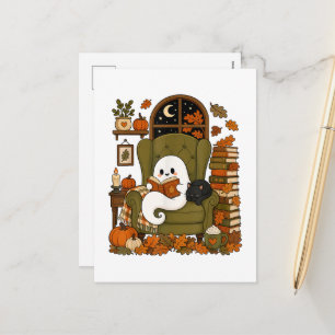 Cute Ghost Reading Book Black Cat Fall Pumpkin Holiday Postcard
