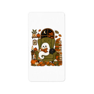 Cute Ghost Reading Book Black Cat Fall Pumpkin  Label