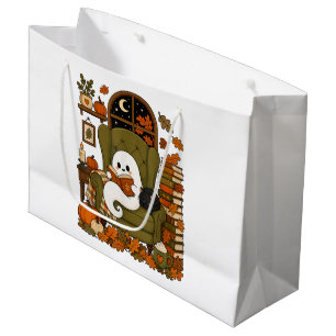 Cute Ghost Reading Book Black Cat Fall Pumpkin Large Gift Bag