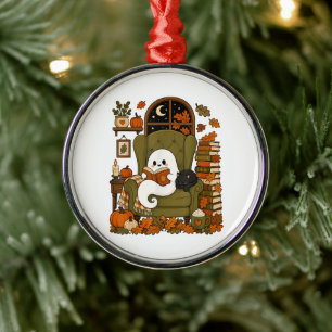 Cute Ghost Reading Book Black Cat Fall Pumpkin Metal Ornament