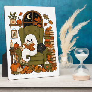 Cute Ghost Reading Book Black Cat Fall Pumpkin Plaque