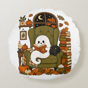 Cute Ghost Reading Book Black Cat Fall Pumpkin Round Cushion