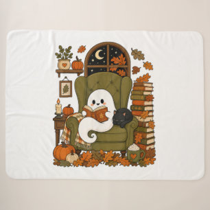 Cute Ghost Reading Book Black Cat Fall Pumpkin Sherpa Blanket