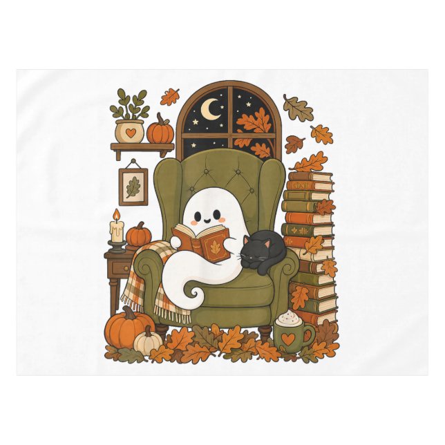 Cute Ghost Reading Book Black Cat Fall Pumpkin Tablecloth (Front (Horizontal))
