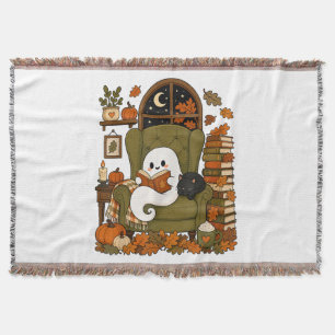 Cute Ghost Reading Book Black Cat Fall Pumpkin Throw Blanket