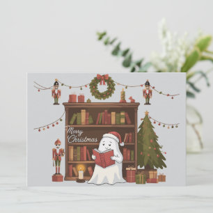 Cute Ghost Reading Book Christmas Reading Holiday Card