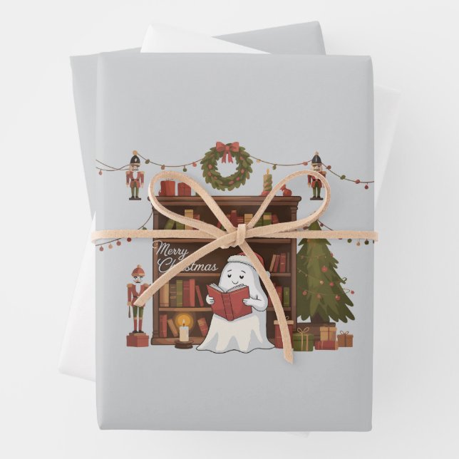 Cute Ghost Reading Book Christmas Reading  Wrapping Paper Sheet (In situ)