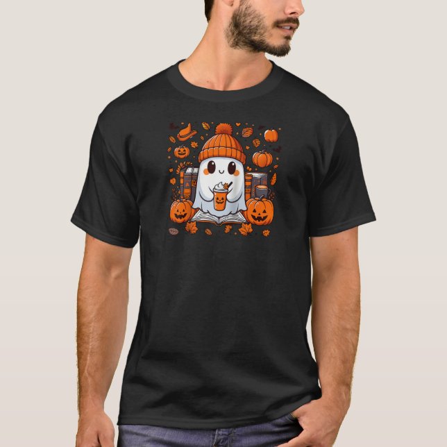 Cute Ghost Reading Book Fall Autumn Coffee Hallowe T-Shirt (Front)