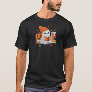 Cute Ghost Reading Book Halloween Coffee Lovers Ra T-Shirt