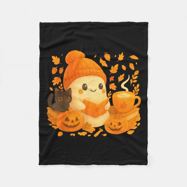 Cute Ghost Reading Book Lovers Autumn Fall Hallowe Fleece Blanket (Front)