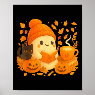 Cute Ghost Reading Book Lovers Autumn Fall Hallowe Poster