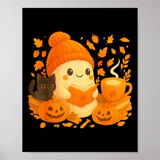 Cute Ghost Reading Book Lovers Autumn Fall Hallowe Poster (Front)