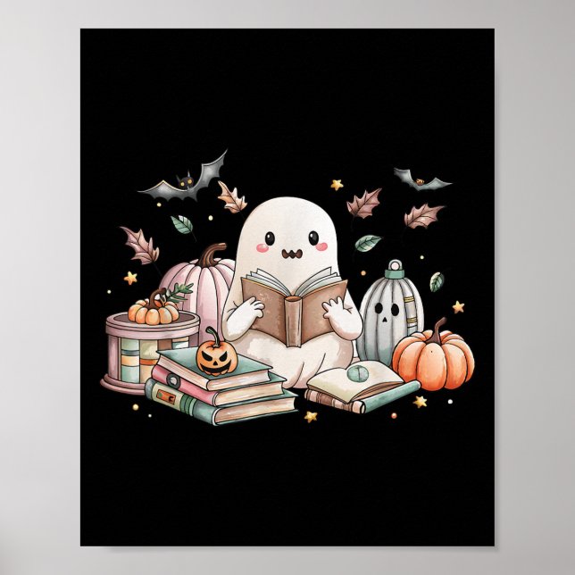 Cute Ghost Reading Book Lovers Autumn Fall Hallowe Poster (Front)