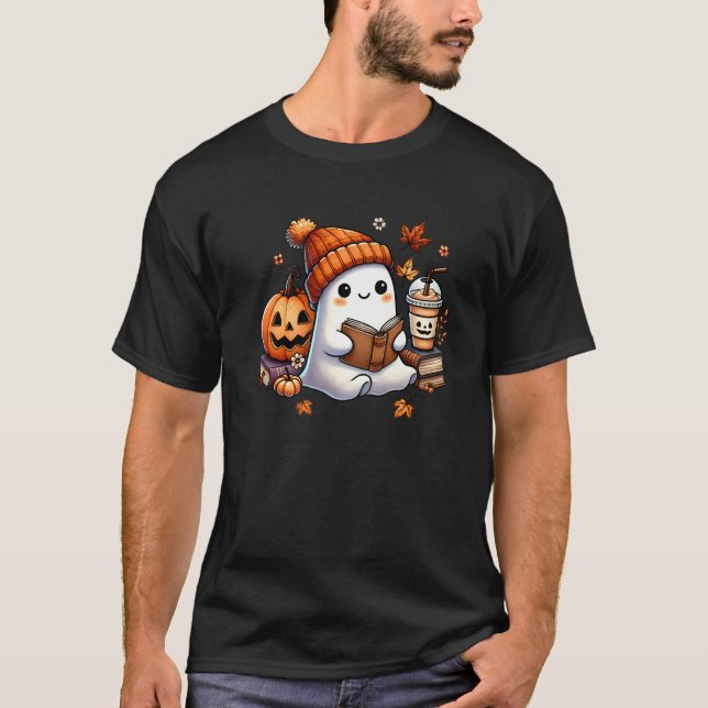 Cute Ghost Reading Book Lovers Halloween Ghost Cof T-Shirt (Front)