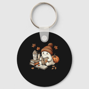 Cute Ghost Reading Book Lovers Halloween Pumpkin W Key Ring