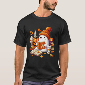 Cute Ghost Reading Book Lovers Halloween Pumpkin W T-Shirt