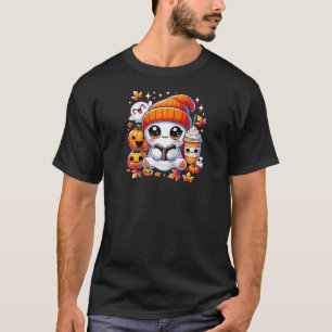 Cute Ghost Reading Book Pumpkins Fall Chocolate Ha T-Shirt