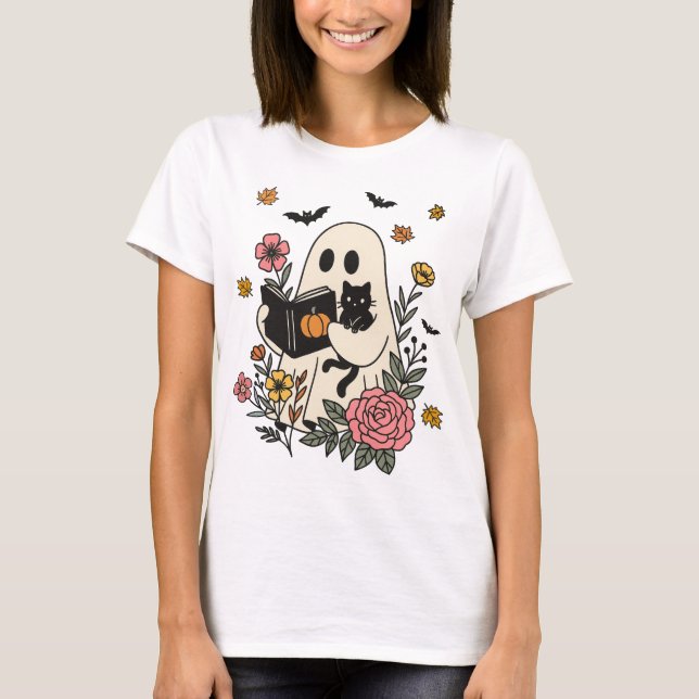 Cute Ghost Reading Book with Cat Halloween Shirt (Front)