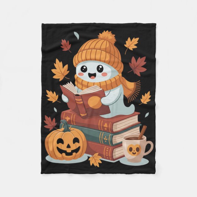Cute Ghost Reading Books - Fall Halloween Book Lov Fleece Blanket (Front)