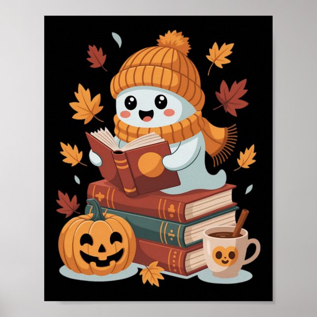 Cute Ghost Reading Books - Fall Halloween Book Lov Poster (Front)