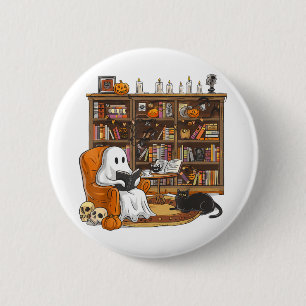 Cute Ghost Reading Books With Black Cat Halloween 6 Cm Round Badge