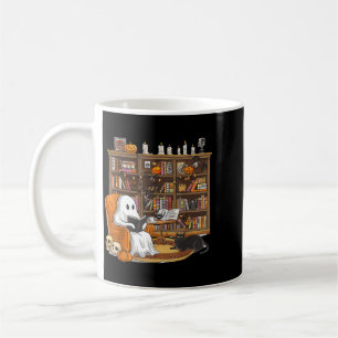 Cute Ghost Reading Books With Black Cat Halloween Coffee Mug