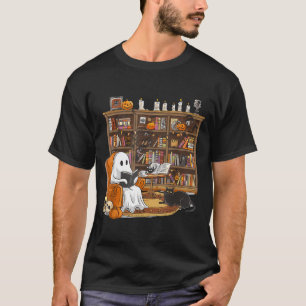 Cute Ghost Reading Books With Black Cat Halloween T-Shirt