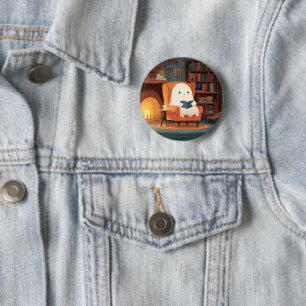 Cute Ghost Reading By A Cosy Fireplace - Button